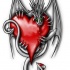 Crazy grey-ink green-eyed dragon embracing a red heart tattoo design