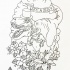 Crying dinosaur in hat surrounded with flowers and banner tattoo design