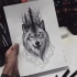 Cunning grey wolf with trees and geometric elements tattoo design