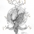 Curled raven with tree branches on moon background tattoo design
