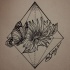 Cute butterfly sitting on flower and rhombus figure tattoo design