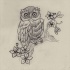 Cute little owl sitting on flowered tree branch tattoo design