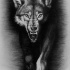 Dire dark-color wolf walking forward tattoo design