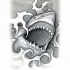 Dire grey-ink shark head in water waves tattoo design