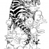 Dire japanese tiger climbing smoked rocks tattoo design