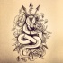 Dire thin snake with arrows and flower buds tattoo design