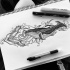 Dotwork-style water animal swimming on ornate background tattoo design
