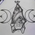 Dotwork hanging sleeping bat framed with half moons tattoo design