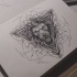 Dotwork lion keeping a ring in triangle frame tattoo design