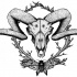 Dotwork ram skull with moth and crossed branches tattoo design