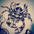 Dotwork stylized chinese warrior crab tattoo design