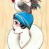 Elegant lady in blue hat and white rooster tattoo design