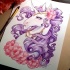 Elegant new school purple-mane unicorn with pink flowers tattoo design