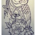 Empty-eyed owl with rose and sacred elements tattoo design