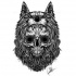 Evil black wolf with a skull in fur tattoo design