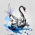 Exiting black-line swan on blue watercolor background tattoo design