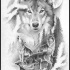 Friendly wolf flock in pine-tree branches frame tattoo design