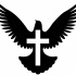 Full-black dove with huge white cross sign tattoo design