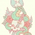 Funny cartoom snake mermaid with skull and flowers tattoo design