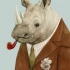 Funny pleased rhino with pipe in brown suit tattoo design