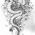 Furious black-and-white oriantal dragon on cherry blossom smoke background tattoo design