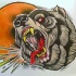 Furious colorful old school bear head on orange sun background tattoo design