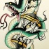Furious green snake and broken street lamp tattoo design