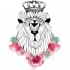 Geometric lion head in crown and pink flowers tattoo design