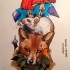 Ginger fox head with white rat and red mushrooms tattoo design