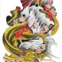 Golden asian dragon in red flame with pink cherry blossom tattoo design