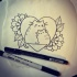 Good cartoon cat family in heart with old school flowers tattoo design