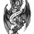Gorgeous black-and-white dragon with gothic-lettered banner tattoo design
