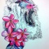 Great crying baboon and pink flowers tattoo design