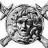 Great stoned medusa gorgona emblem with crossed swords tattoo design