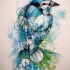 Green-and-blue watercolor bird with circle drawings tattoo design