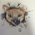 Green-eyed cat head on black watercolor splashes tattoo design