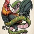 Green snake entwining a rooster tattoo design