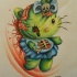 Kitty olá verde zumbi em desenho de tatuagem de vestido azul
