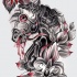 Grey-and-red horse with leaves and flur de lis tattoo design