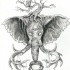 Grey-ink blind mammoth head with tree branches and hourglass tattoo design