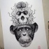 Grey-ink chimpanzee devided into skull and brains tattoo design