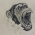 Grey-ink crying chimpanzee head and outline lilies tattoo design