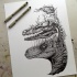Grey-ink dinosaur head devided into skull and brain tattoo design