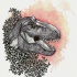 Grey-ink dinosaur in leaved bush on red shine background tattoo design