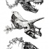 Grey-ink dinosaur skulls with floral spines tattoo design