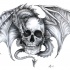 Grey-ink dragon sitting on human skull tattoo design