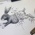 Grey-ink hurried half-geometric rabbit tattoo design