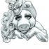 Grey-ink lady pig with urly hair and skull tattoo design