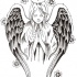 Anjo orando de tinta cinza com desenho de tatuagem de flocos de neve caindo