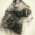 Grey-ink steampunk animal in profile tattoo design